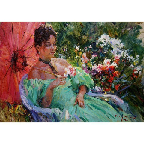 Lady in Green Dress and Red Umbrella White Modern Wood Framed Art Print by Sviridov, Sergei