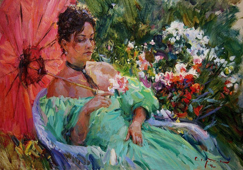 Lady in Green Dress and Red Umbrella Black Ornate Wood Framed Art Print with Double Matting by Sviridov, Sergei