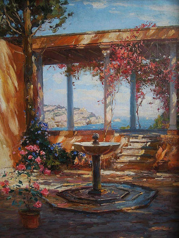 Fountain in Garden  Black Ornate Wood Framed Art Print with Double Matting by Sviridov, Sergei