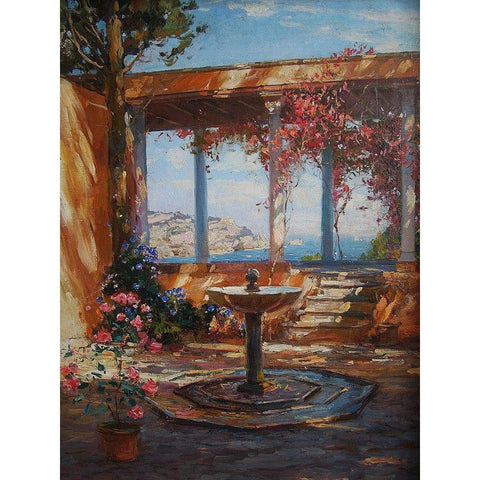 Fountain in Garden  Black Modern Wood Framed Art Print by Sviridov, Sergei