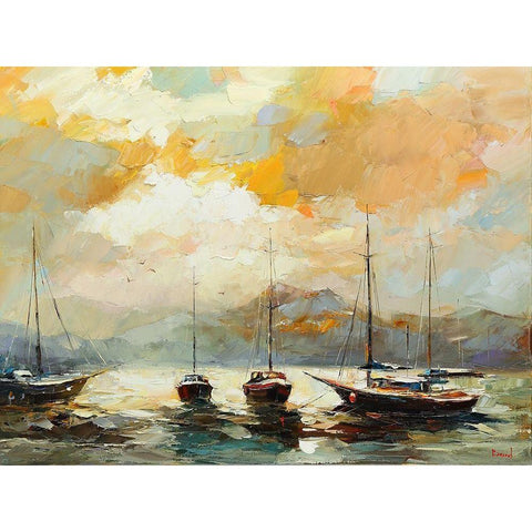 Boats by Sunset White Modern Wood Framed Art Print by Bond