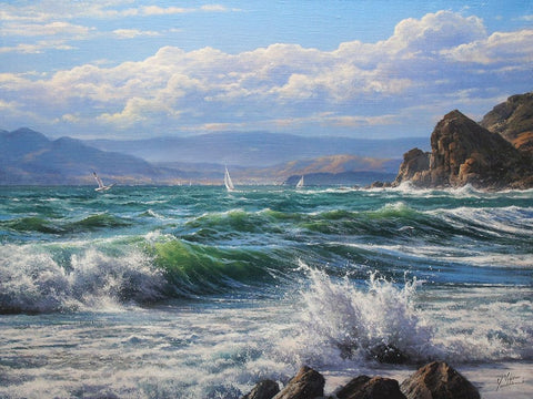 Sea Coast White Modern Wood Framed Art Print with Double Matting by Yushkevich, Viktor