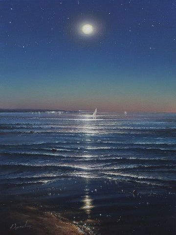 Night on the Sea White Modern Wood Framed Art Print with Double Matting by Yushkevich, Viktor