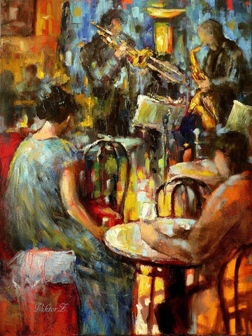 Jazz Evening White Modern Wood Framed Art Print with Double Matting by Zakrynycny, Viktor