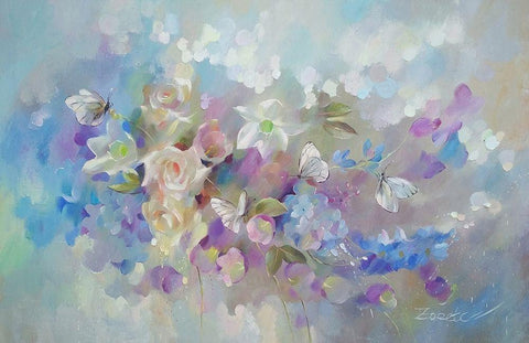 White Butterflies on Flowers Black Ornate Wood Framed Art Print with Double Matting by Zareckaye, Tatiana