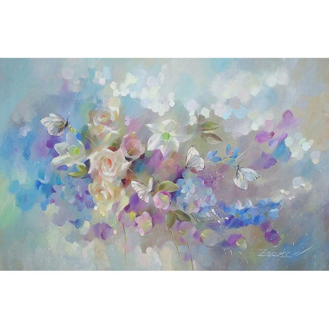 White Butterflies on Flowers Black Modern Wood Framed Art Print by Zareckaye, Tatiana