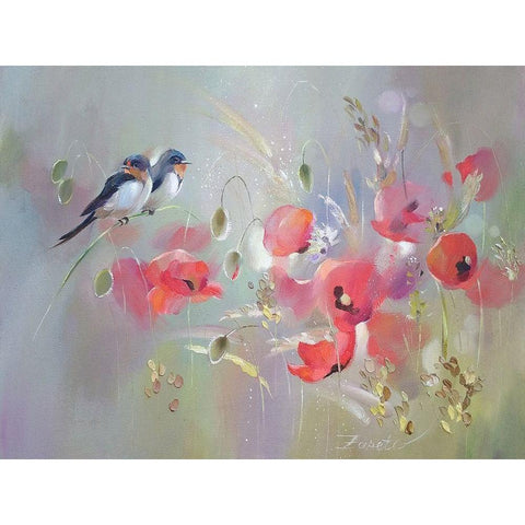 Birds with Red Poppies White Modern Wood Framed Art Print by Zareckaye, Tatiana