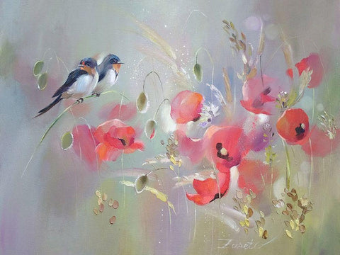 Birds with Red Poppies White Modern Wood Framed Art Print with Double Matting by Zareckaye, Tatiana