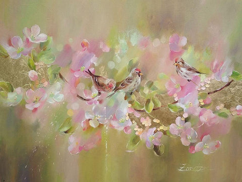 Bird on a pink Branch White Modern Wood Framed Art Print with Double Matting by Zareckaye, Tatiana