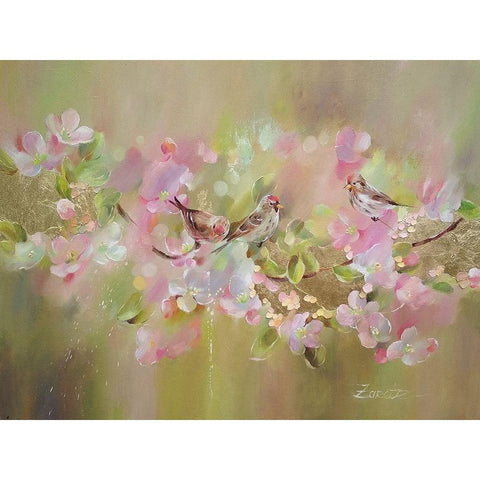 Bird on a pink Branch Gold Ornate Wood Framed Art Print with Double Matting by Zareckaye, Tatiana