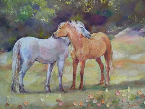 Horses in Love II White Modern Wood Framed Art Print with Double Matting by Zareckaye, Tatiana