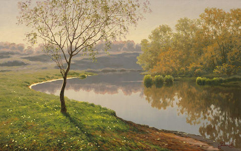 Slowly River White Modern Wood Framed Art Print with Double Matting by Adamov, Alexey