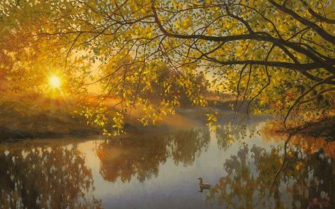 Sunrise above the  River White Modern Wood Framed Art Print with Double Matting by Adamov, Alexey