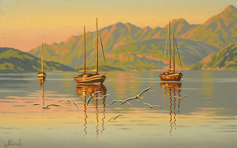 Boats with Seagulls White Modern Wood Framed Art Print with Double Matting by Adamov, Alexey