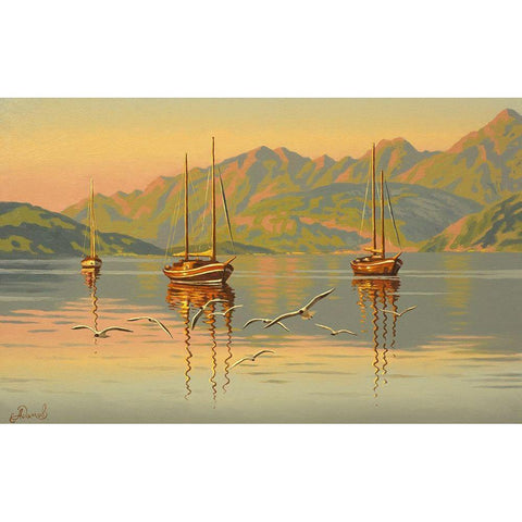 Boats with Seagulls Black Modern Wood Framed Art Print by Adamov, Alexey