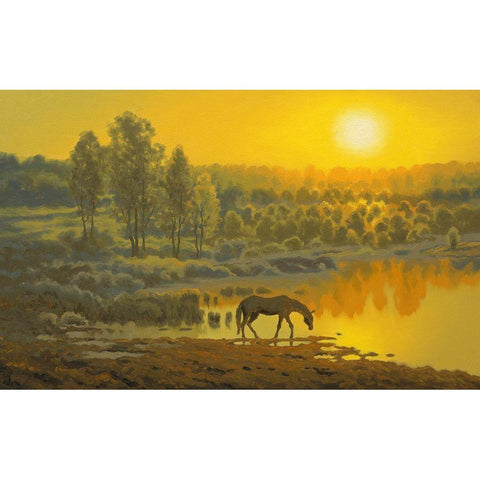 Horse early Morning by the Lake Gold Ornate Wood Framed Art Print with Double Matting by Adamov, Alexey