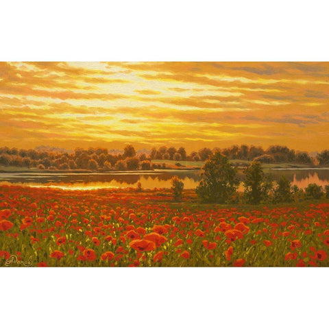 Red Poppy Field by the Sunset Gold Ornate Wood Framed Art Print with Double Matting by Adamov, Alexey