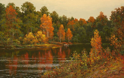 Autumn River White Modern Wood Framed Art Print with Double Matting by Adamov, Alexey