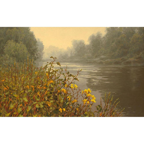 Yellow Flowers by the River Gold Ornate Wood Framed Art Print with Double Matting by Adamov, Alexey