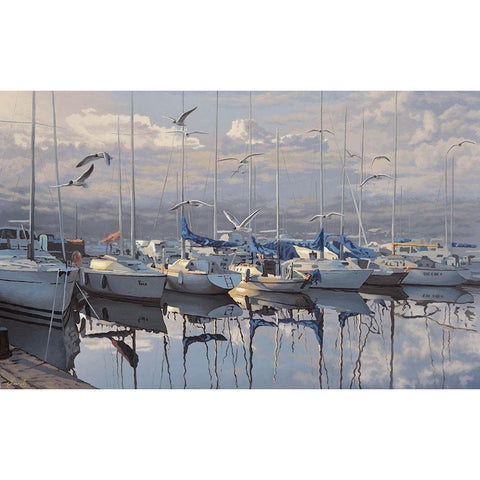 Port with yachts White Modern Wood Framed Art Print by Adamov, Alexey