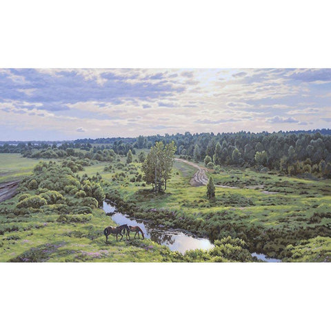 Landscape with River Black Modern Wood Framed Art Print with Double Matting by Adamov, Alexey