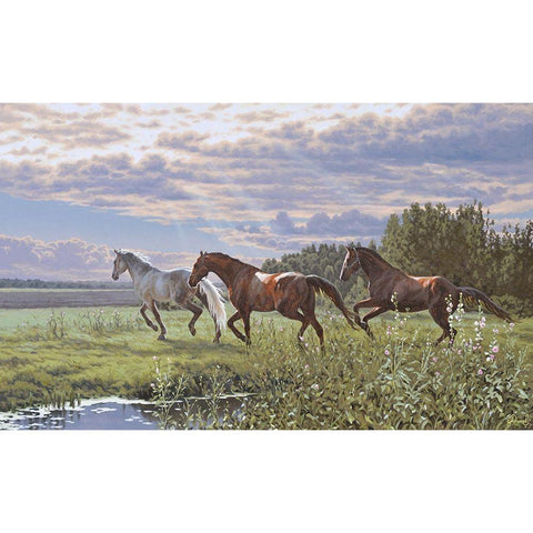 Three Running Horses White Modern Wood Framed Art Print by Adamov, Alexey