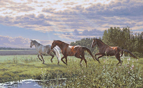 Three Running Horses White Modern Wood Framed Art Print with Double Matting by Adamov, Alexey