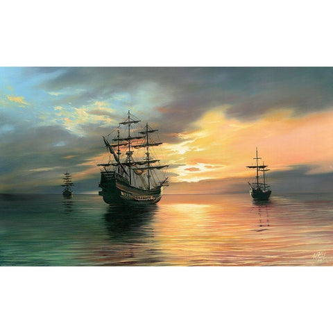 Pirate Bay Black Modern Wood Framed Art Print by Krol, Wieslaw