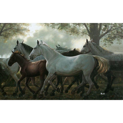 Running Horses Black Modern Wood Framed Art Print with Double Matting by Bizon, Vladimir