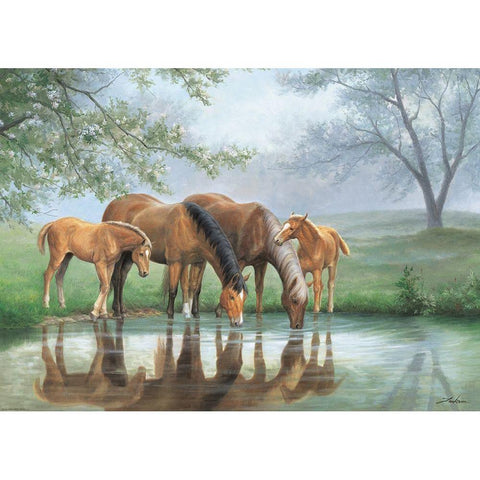 Drinking Horses White Modern Wood Framed Art Print by Jackson