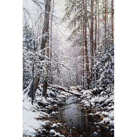 First Snow in December Black Modern Wood Framed Art Print with Double Matting by Cernov, Ivan