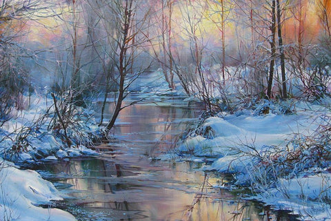 Winter River White Modern Wood Framed Art Print with Double Matting by Cernov, Ivan