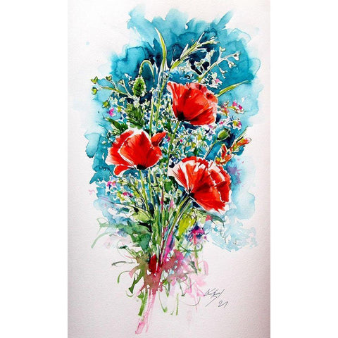 Beautiful Red Poppies II White Modern Wood Framed Art Print by Kovacs, Anna Brigite