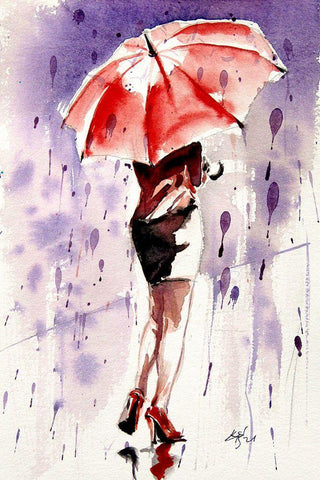 Pretty Girl with Red Umbrella Black Ornate Wood Framed Art Print with Double Matting by Kovacs, Anna Brigite