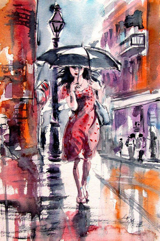 Pretty Girl with Black Umbrella White Modern Wood Framed Art Print with Double Matting by Kovacs, Anna Brigite