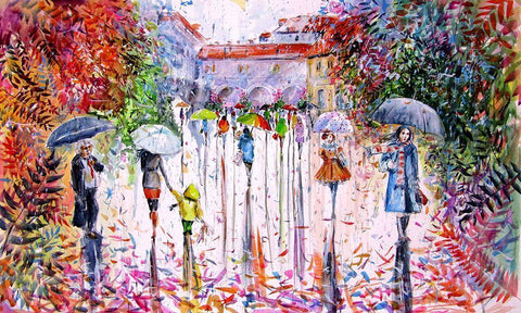 Fall in the City II White Modern Wood Framed Art Print with Double Matting by Kovacs, Anna Brigite