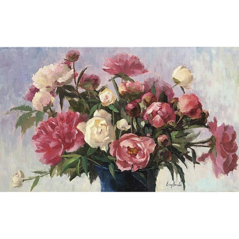 Pink and White Peonies in Basket Gold Ornate Wood Framed Art Print with Double Matting by Strube, Ling