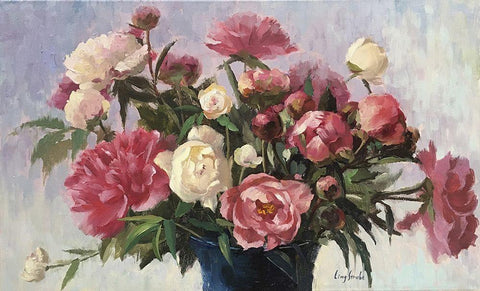 Pink and White Peonies in Basket Black Ornate Wood Framed Art Print with Double Matting by Strube, Ling