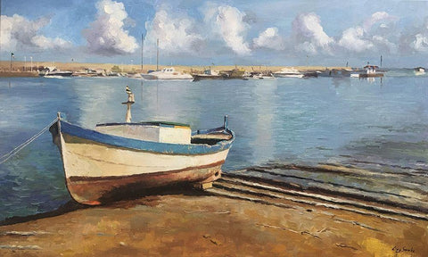 Boat in Sicily Black Ornate Wood Framed Art Print with Double Matting by Strube, Ling