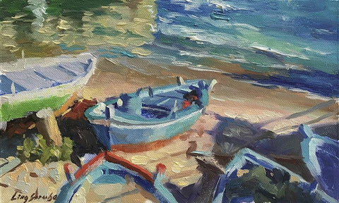 Blue Boat White Modern Wood Framed Art Print with Double Matting by Strube, Ling