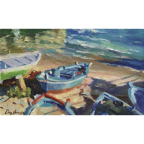 Blue Boat Gold Ornate Wood Framed Art Print with Double Matting by Strube, Ling