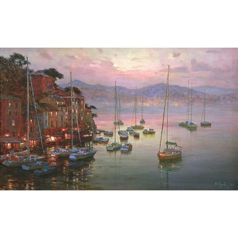 Sunset on Portofino White Modern Wood Framed Art Print by Obuchovsky, Yury