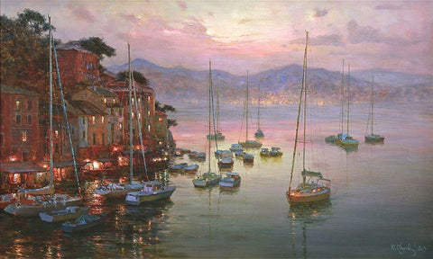 Sunset on Portofino White Modern Wood Framed Art Print with Double Matting by Obuchovsky, Yury