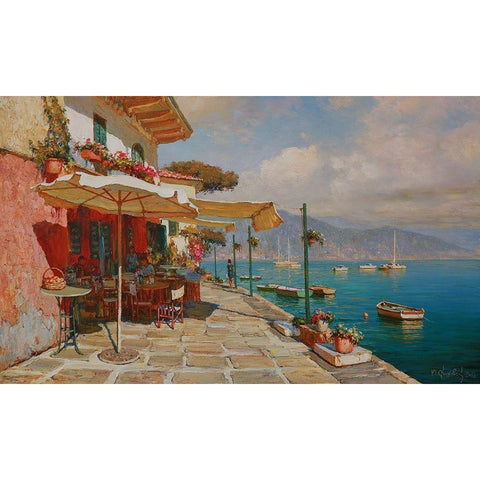 Cafe near Sea in Portofino White Modern Wood Framed Art Print by Obuchovsky, Yury