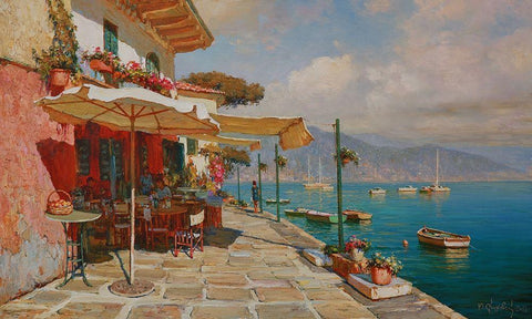 Cafe near Sea in Portofino Black Ornate Wood Framed Art Print with Double Matting by Obuchovsky, Yury