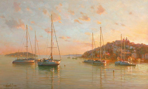 Yachts on the Sea Black Ornate Wood Framed Art Print with Double Matting by Obuchovsky, Yury