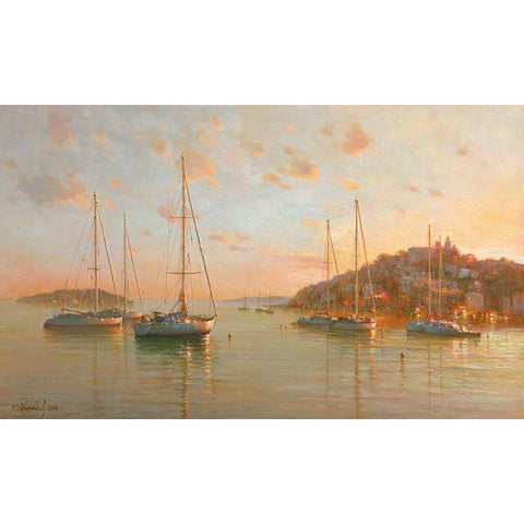 Yachts on the Sea Black Modern Wood Framed Art Print by Obuchovsky, Yury