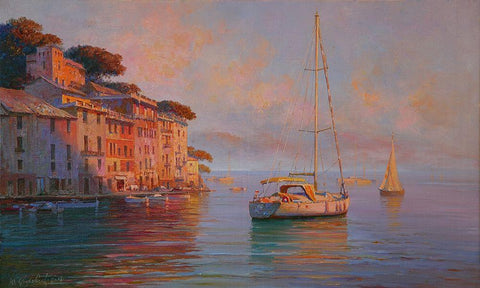 Portofino  White Modern Wood Framed Art Print with Double Matting by Obuchovsky, Yury