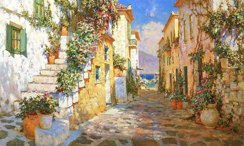 Street to thte Sea Black Ornate Wood Framed Art Print with Double Matting by Obuchovsky, Yury