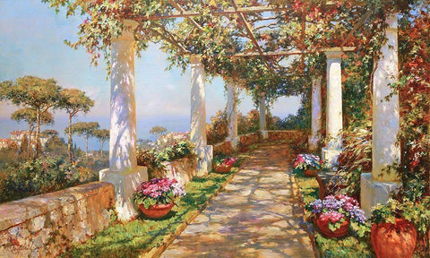 Terrace on Island Capri Black Ornate Wood Framed Art Print with Double Matting by Obuchovsky, Yury